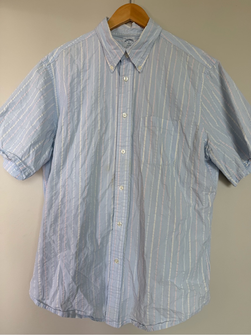 Brooks Brothers Light Blue & White Striped Regent Polo with Red Accent